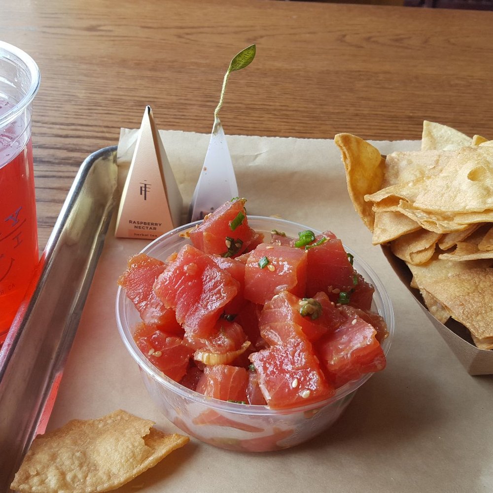 Dory Deli - Poke salad with a side of chips and raspberry tea on ice. - Delis Near Me - Newport Beach, California Dory Deli - Poke salad with a side of chips and raspberry tea on ice. - Delis Near Me - Newport Beach, California