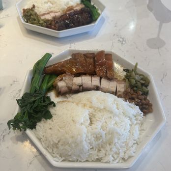 Jin Gege - 2 item rice plate Roast pork and bbq pork rice plate ! Visit 2 with a friend - Chinese Near Me - San Leandro, California Jin Gege - 2 item rice plate Roast pork and bbq pork rice plate ! Visit 2 with a friend - Chinese Near Me - San Leandro, California