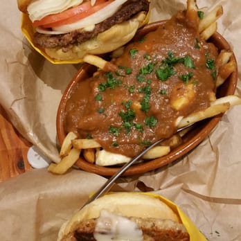 Fiamma Burger - Bacon/cheese/burger on top, ground chicken burger on bottom with Poutine. 2.5 overall rating. Sorry Fiamma. - Burgers Near Me - Bellingham, Washington