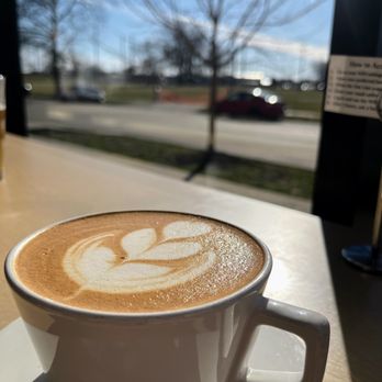 One Line Coffee - Franklinton - Latte with requisite latte art. By the windows. - Coffee & Tea Near Me - Columbus, Ohio One Line Coffee - Franklinton - Latte with requisite latte art. By the windows. - Coffee & Tea Near Me - Columbus, Ohio