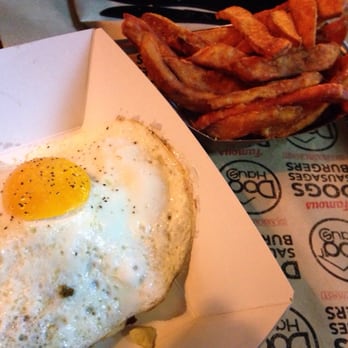 Dog Haus - Sandy - Burger with Fried Egg & no Bun. Sweet Potato Fries. They were both great. - New American Near Me - Sandy, Utah Dog Haus - Sandy - Burger with Fried Egg & no Bun. Sweet Potato Fries. They were both great. - New American Near Me - Sandy, Utah