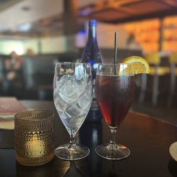 Iced tea and Saratoga water. Iced tea and Saratoga water.