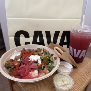 CAVA - Custom made my bowl with a side of blueberry lavender juice - Mediterranean Near Me - San Diego, California CAVA - Custom made my bowl with a side of blueberry lavender juice - Mediterranean Near Me - San Diego, California