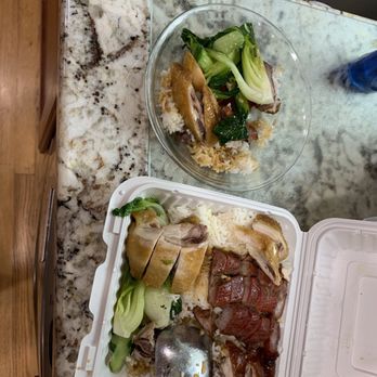 Diamond Bay Restaurant - 3 meat combo over rice with baby bok Choy Soy sauce chicken char sui, roast duck - Dim Sum Near Me - Seattle, Washington
