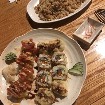 Arigato Sayonara - Red eye roll, deep fried Philadelphia roll and chicken fried rice. - Sushi Bars Near Me - Madison, Tennessee Arigato Sayonara - Red eye roll, deep fried Philadelphia roll and chicken fried rice. - Sushi Bars Near Me - Madison, Tennessee