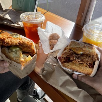 Bird Bird Biscuit - Fire Bird and Queen Beak sandwhiches, donut holes, iced coffee, and OJ - Breakfast & Brunch Near Me - Austin, Texas
