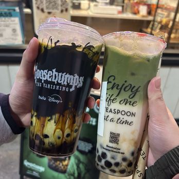 Teaspoon - Goosebumps Vanishing Matcha Latte and Matcha Royale with honey boba - Desserts Near Me - Hayward, California
