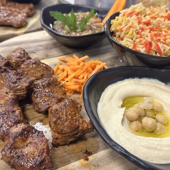 THE DOUGH SHOW - Orlando - Lamb Kebab Platter with rice, hummus, and baba ghanoush - Mediterranean Near Me - Orlando, Florida THE DOUGH SHOW - Orlando - Lamb Kebab Platter with rice, hummus, and baba ghanoush - Mediterranean Near Me - Orlando, Florida