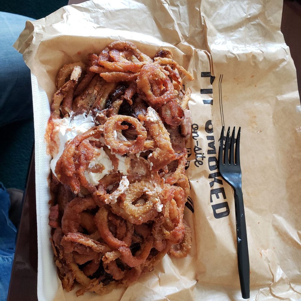 Dickey's Barbecue Pit - Loaded bake potato with pulled pork and onion tanglers. - Barbeque Near Me - Lakeside, Arizona Dickey's Barbecue Pit - Loaded bake potato with pulled pork and onion tanglers. - Barbeque Near Me - Lakeside, Arizona