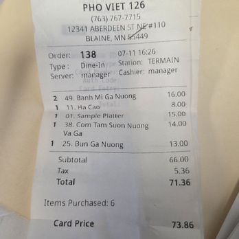 Phoviet 126 Vietnamese Restaurant - Receipt - Vietnamese Near Me - Blaine, Minnesota Phoviet 126 Vietnamese Restaurant - Receipt - Vietnamese Near Me - Blaine, Minnesota
