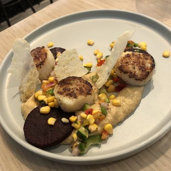 Cultivate Craft Kitchen - Scallops.. pan seared scallops, white truffle cauliflower puree, chicha morada poached daikon, honey thyme corn succotash - New American Near Me - Draper, Utah Cultivate Craft Kitchen - Scallops.. pan seared scallops, white truffle cauliflower puree, chicha morada poached daikon, honey thyme corn succotash - New American Near Me - Draper, Utah