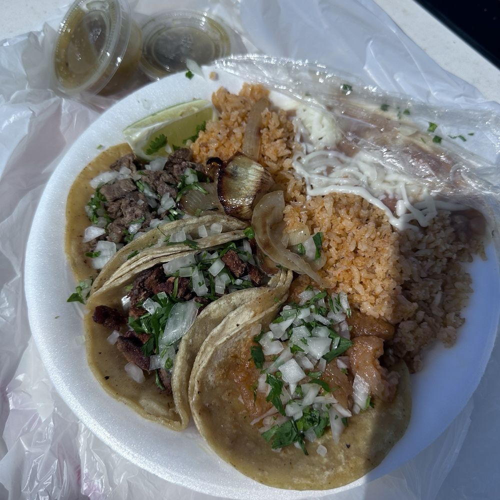 Asada, Chicharron, Al Pastor Tacos Plate with rice and beans