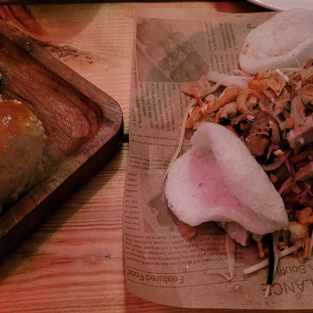 Electric Piggy BBQ - Milk bun with durian butter + Lotus Blossom Salad - Lotus root, pork belly, peanuts dry, shrimp, cilantro, shiso and deep fried shallots. - Barbeque Near Me - Markham, Ontario Electric Piggy BBQ - Milk bun with durian butter + Lotus Blossom Salad - Lotus root, pork belly, peanuts dry, shrimp, cilantro, shiso and deep fried shallots. - Barbeque Near Me - Markham, Ontario