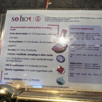 So Hot Hotpot - Inside. Recommended cooking times and sauce recommendations. - Hot Pot Near Me - Cary, North Carolina So Hot Hotpot - Inside. Recommended cooking times and sauce recommendations. - Hot Pot Near Me - Cary, North Carolina