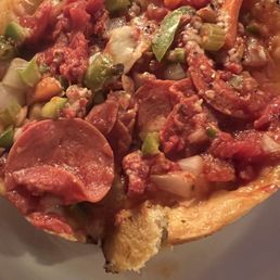 Personal Deep Dish Pepperoni with sausage, green peppers, onion, and hot giardiniera Personal Deep Dish Pepperoni with sausage, green peppers, onion, and hot giardiniera