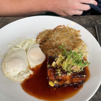 A'Bouzy - 18hr Braised Pork Belly & Eggs Pork belly, pineapple salsa, cilantro, onion, two eggs your way, potato hash - Champagne Bars Near Me - Houston, Texas A'Bouzy - 18hr Braised Pork Belly & Eggs Pork belly, pineapple salsa, cilantro, onion, two eggs your way, potato hash - Champagne Bars Near Me - Houston, Texas
