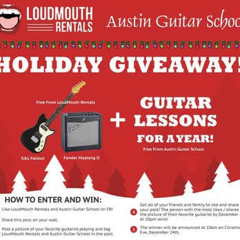 Austin Guitar School - WHO IS FAVORITE GUITAR PLAYER CONTEST??
Wanna win a free electric guitar, amp & 1 year's worth of guitar lessons???
Read the Rules & enter - Musical Instruments & Teachers Near Me - Austin, Texas Austin Guitar School - WHO IS FAVORITE GUITAR PLAYER CONTEST??
Wanna win a free electric guitar, amp & 1 year's worth of guitar lessons???
Read the Rules & enter - Musical Instruments & Teachers Near Me - Austin, Texas