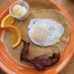 "Summer of '76 Special" - 3 sourdough pancakes, 1 egg, 1 slice of bacon "Summer of '76 Special" - 3 sourdough pancakes, 1 egg, 1 slice of bacon