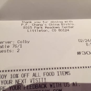 P.F. Chang's - Receipt with waitress's name Colby. - Chinese Near Me - Lone Tree, Colorado