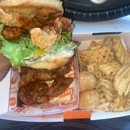 Cheese fries spicy chicken sandwhich