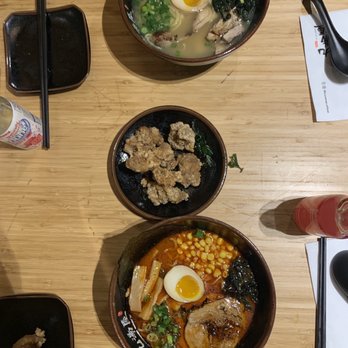 Kyuramen - Flushing - On the top is the #9. Grilled chicken ramen, in the middle is popcorn chicken appetizer and on the bottom is the #4. Sapporo Miso Ramen. - Ramen Near Me - Flushing, New York
