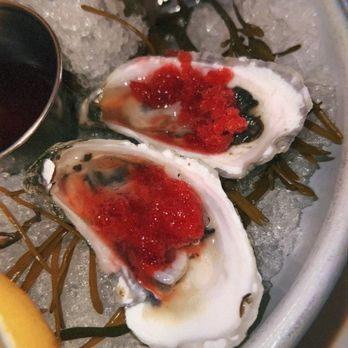 Amherst Oyster Bar - Oyster with herb-y rum and strawberry granita - Seafood Near Me - Amherst, Massachusetts