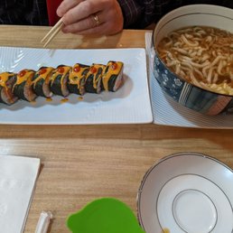 Udon noodles and Firebird roll Udon noodles and Firebird roll