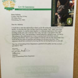 Countryside Play-N-Stay - Thank you letter from City of Greensburg Police Department