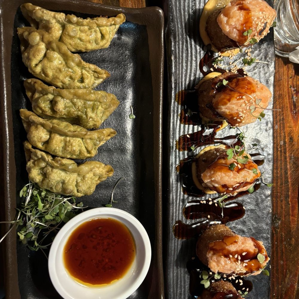 Vege gyoza and salmon appetizer Vege gyoza and salmon appetizer