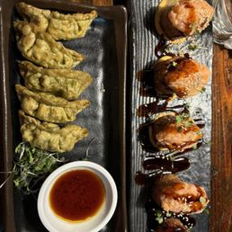 Vege gyoza and salmon appetizer Vege gyoza and salmon appetizer