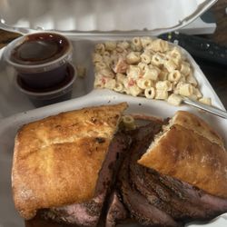 Q-Time BBQ - Tri-tip sandwich and Mac salad extra bbq sauce.