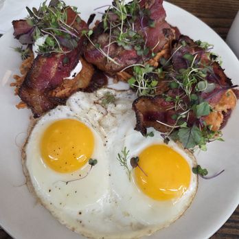 Brown & Loe - Potato Pancakes apple butter, sour cream, smoked salmon, sunny side eggs (I was able to sub the Salmon for bacon) - New American Near Me - Kansas City, Missouri Brown & Loe - Potato Pancakes apple butter, sour cream, smoked salmon, sunny side eggs (I was able to sub the Salmon for bacon) - New American Near Me - Kansas City, Missouri