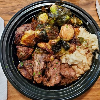 The Local - Steak Tips, mashed potatoes & many Brussels sprouts. - New American Near Me - Wellesley Hills, Massachusetts The Local - Steak Tips, mashed potatoes & many Brussels sprouts. - New American Near Me - Wellesley Hills, Massachusetts