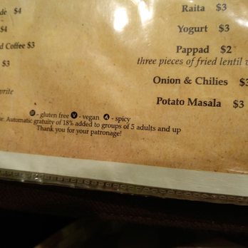 Aahaar an Indian Eatery - They added 18% gratuity for our group(4 adults and a child) to our bill even though their own menucard says 5 adults and up. - Indian Near Me - Snoqualmie, Washington