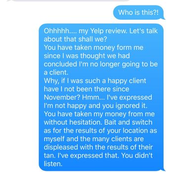 Tan Bella - These are my texts from the owner, Peter regarding my recent edit to my review. - Tanning Beds Near Me - San Rafael, California