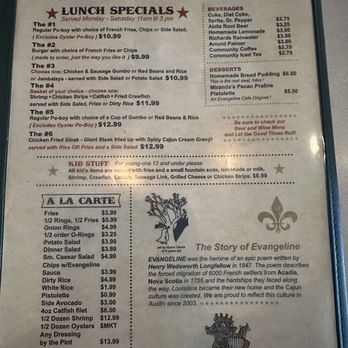 Evangeline Café - Back page of menu - Cajun/Creole Near Me - Austin, Texas