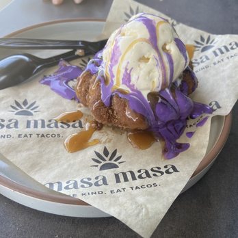 Masa Masa - Churro, vanilla bean icecream, Dulce de leche, ube sauce - Tacos Near Me - Roseville, California
