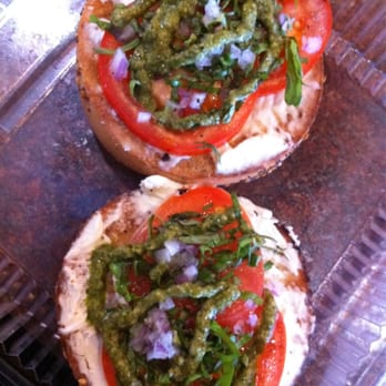 Cafe Cup - mouthwatering pesto bagel on an everything bagel! - Breakfast & Brunch Near Me - Huntington Beach, California