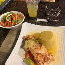 X The Spot - Salmon, fungi (foon-ji), salad and lemongrass punch. Yum yum