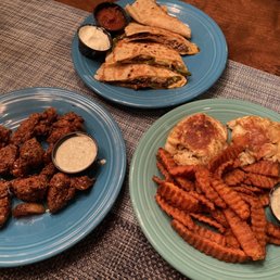 Take out night - boneless Ravens Wings, Scunny's Quesadilla with steak and 2 Crab Cakes Take out night - boneless Ravens Wings, Scunny's Quesadilla with steak and 2 Crab Cakes