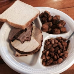 Bad Brad's Bar-B-Q - Senior Sized two meet. Smoked chicken & brisket with fried okra & cowboy beans.