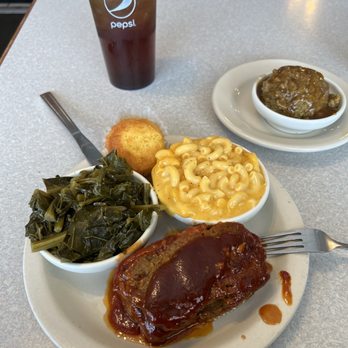 His Place Eatery - Smoked meatloaf, collard greens, macNcheese, dressing with gravy, corn bread muffin. - Southern Near Me - Indianapolis, Indiana
