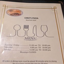Ciro's Pizza - Menu with hours