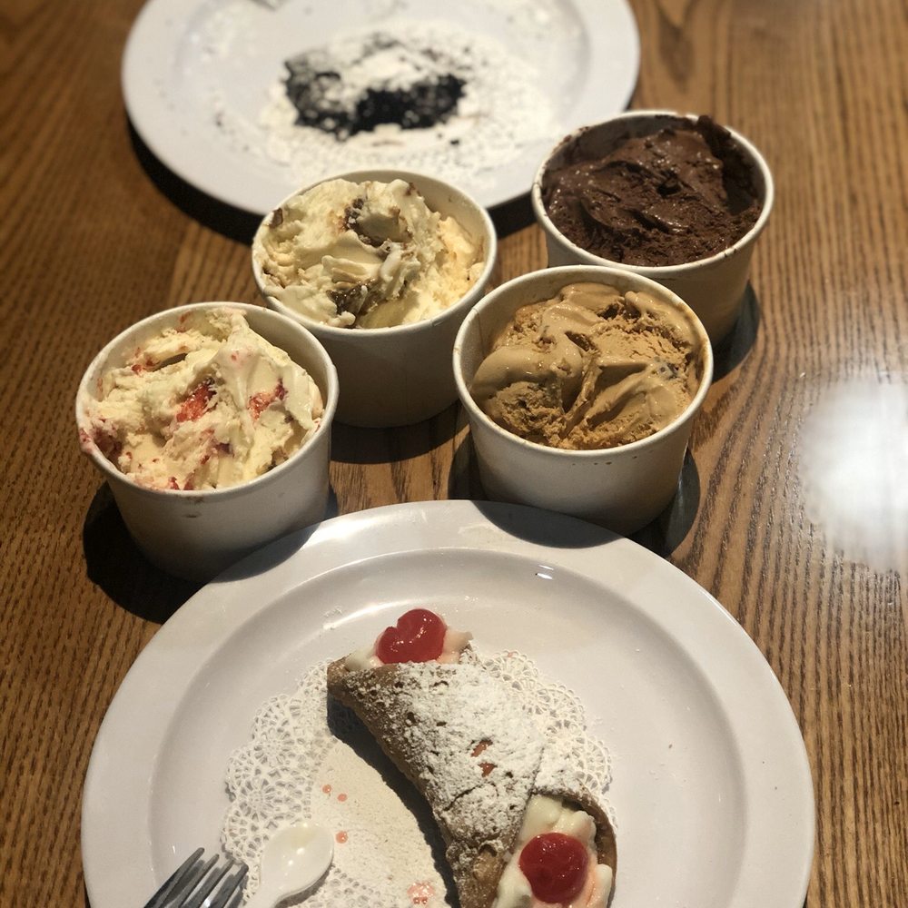 V Pizza - Flourless brownie, Sea Salt Caramel gelato, NY cheesecake gelato, chocolate hazelnut gelato, banana gelato and a cannoli. - Pizza Near Me - Cary, North Carolina V Pizza - Flourless brownie, Sea Salt Caramel gelato, NY cheesecake gelato, chocolate hazelnut gelato, banana gelato and a cannoli. - Pizza Near Me - Cary, North Carolina