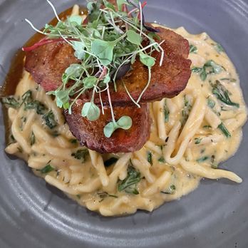 1608 Crafthouse - Smoked NY Strip Meatloaf w/house BBQ/Mac & Cheese and garlic Broccolini - Gastropubs Near Me - Virginia Beach, Virginia