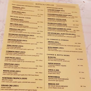 Absolem Cider - Menu - A printed menu from Absolem Cider in Winthrop, ME, featuring a selection of vintage, dry, and blended ciders, as well as spontaneous and bottle beers, with prices and descriptions. - Cideries Near Me - Winthrop, Maine