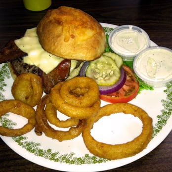 Mountain Quail Cafe - Swiss Bacon Cheeseburger with Crispy Onion Rings. - American Near Me - Quartzsite, Arizona