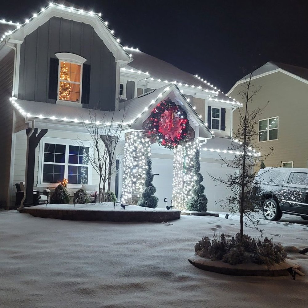 Baker SoftWash - Bright White Christmas lights. Gingerbread style and stone pillar wrapped - Pressure Washers Near Me - Statesville, North Carolina Baker SoftWash - Bright White Christmas lights. Gingerbread style and stone pillar wrapped - Pressure Washers Near Me - Statesville, North Carolina