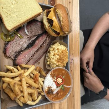 Moo's Craft Barbecue - The thick burger, brisket beans, fries, 1/2 pound of brisket, Mac and cheese. - Barbeque Near Me - Los Angeles, California