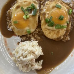 Loco moco w/ two scoops of rice and a scoop of mac salad Loco moco w/ two scoops of rice and a scoop of mac salad